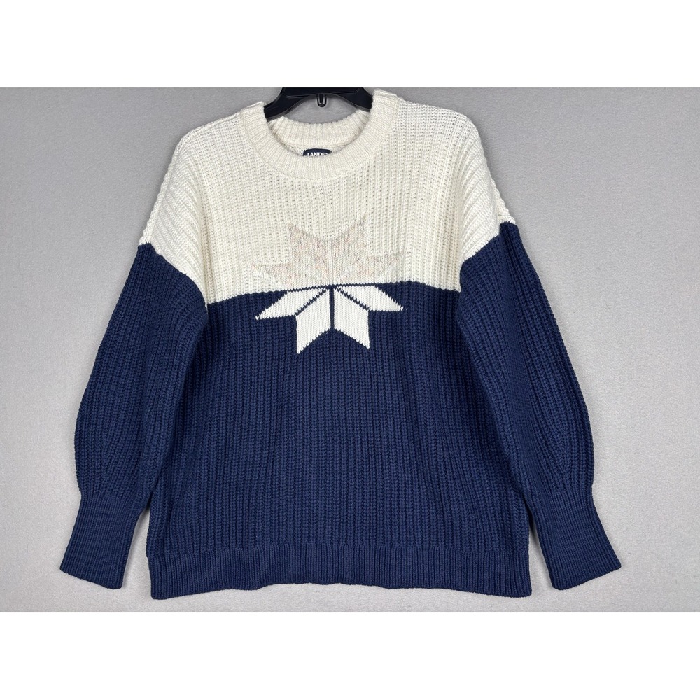 Lands' End Sweater Womens M Blue White Star Graphic Knit Pullover Winter Warm